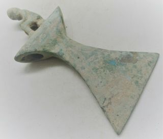 Circa 1000bce Ancient Luristan Bronze Axe Head With Seated Figure On Top Rare