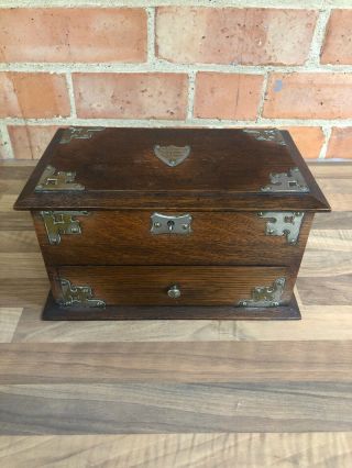 Antique Edwardian Oak Smokers Cabinet Box Gothic Themed Sliver Plated Mounts.