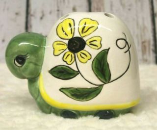 Vintage Green And White Daisy Ceramic Turtle Toothbrush Pen Holder Kitschy Mcm