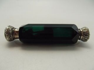 Green Glass Double Ended Scent Bottle With White Metal Mount & Lid Ref 1099/5