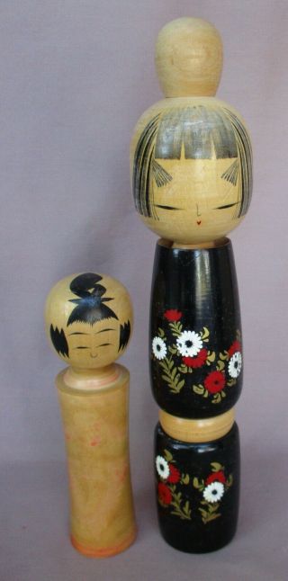 2 Vintage Signed Japanese Wood Kokeshi Dolls 12 " & 7 "