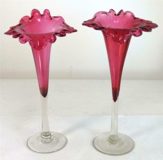 Two Antique Victorian Cranberry Glass Trumpet Vases