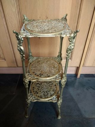 Rare Large Brass Three Tier Plant Stand.  24 " High With 9 " Square Plates.