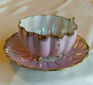 Rare Vintage Royal Sealy China Scalloped Pink Iridescent Teacup & Saucer - Japan