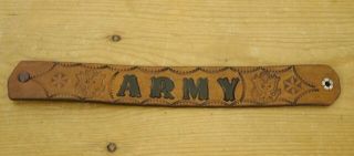 Vintage 70s Hand Tooled Handmade Us Army Thick Leather Bracelet Wristband 9.  75 "