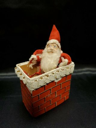 Vintage Christmas Clay Face Santa Claus In Cardboard Chimney Spun Cotton Felt
