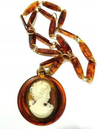 Celluloid Plastic Cameo Necklace Faux Tortoise Shell Chain Vintage Mid Century