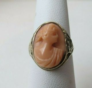 Antique Victorian 10k Yellow Coral Cameo Ring Size 5 Estate Jewelry