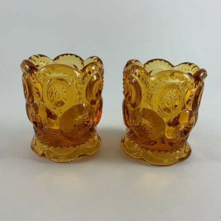 2 Vintage Amber Moon And Stars Glass Toothpick Holders Scalloped Bottom