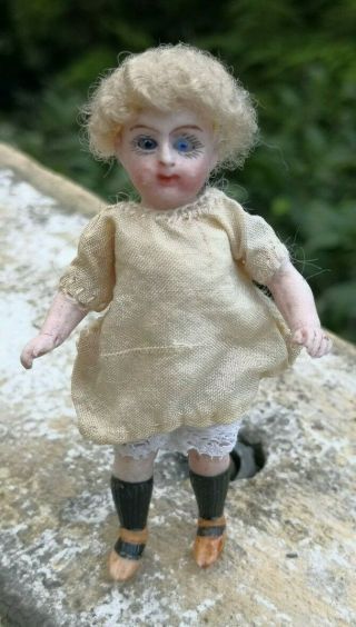 Antique 2/0 French German 3” Miniature All Bisque Doll Glass Eyes Black Socks