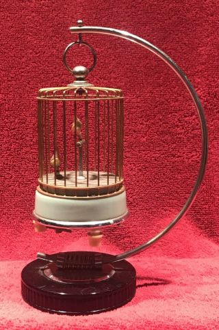 Vintage Automaton Bird Cage With 2 Birds,  Music Box With Rare Art Deco Stand