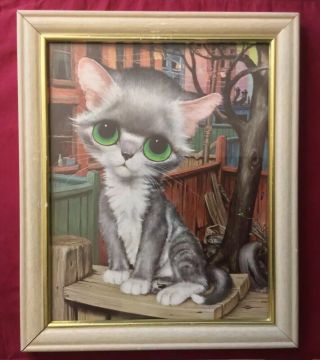 Vintage Litho Gig Print Pity Kitty Big Eyed Cat Framed