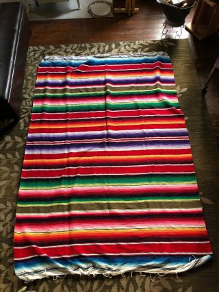 Vintage Mexican Saltillo Serape Blanket 60 " X 87” With Fringe Cotton - Wool Woven