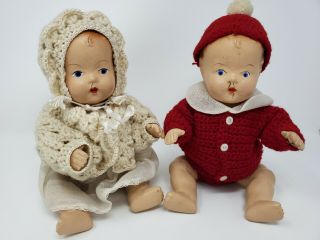 2 Sweet Antique Composition Dolls Twins Baby Set Boy Girl In Diapers Layette 9 "