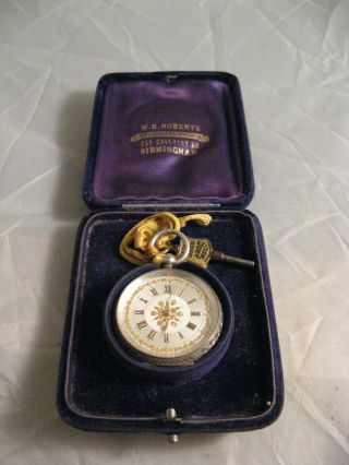 Antique Silver & Enamelled Ladies Pocket Watch With Key & Fitted Box