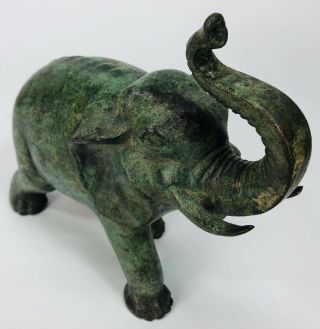Vintage Cast Iron Elephant Doorstop/ Figure With Tusks Green Trunk Up For Luck