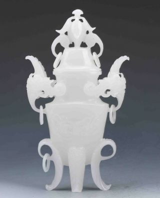 Exquisite Chinese Natural White Jade Skillfully Carved Incense Burner & Lid
