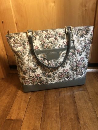 Vintage French Luggage Co Grey Rose Tapestry & Suede Carry On Train Tote