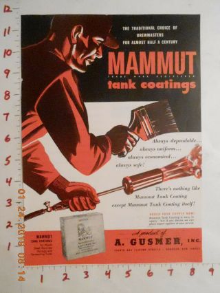 1951 A.  Gusmer Vintage Beer Trade Ad Hoboken Jersey Nj Mammut Tank Coating