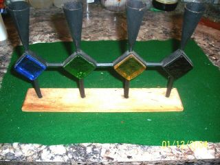 Vintage Wrought Iron And 4 Stained Glass Blocks On Wooden Base Candle Holder Mad