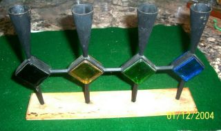 VINTAGE WROUGHT IRON AND 4 STAINED GLASS BLOCKS ON WOODEN BASE CANDLE HOLDER MAD 2
