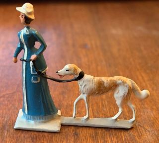 Vintage Mini Miniature Figurine Metal Enamel Victorian Woman W/dog 1.  5” Tall