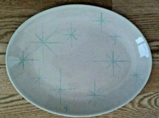 Mid Century Aqua Blue Atomic Starburst Stars On Cream Speckled Oval Platter
