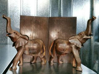 Vintage Lignum Vitae Elephant Bookends Book Ends solid carved heavy wood wooden 2