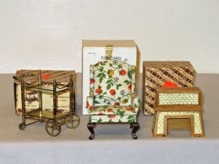 Vtg Box Concord Miniature Dollhouse Furniture Tea Cart Plant Stand Wing Chair