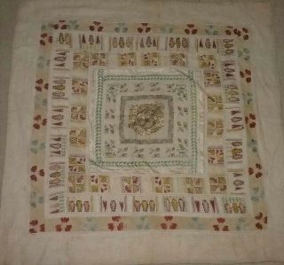 Antique Vintage Handmade Linen Tablecloth Hand Embroidery Ivory Square 41 "