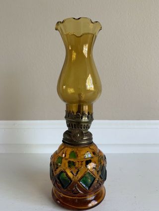 Vintage Amber Stained Glass Style Small Oil Lamp Sail Boat Brand 8.  5”