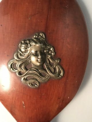 Victorian Vintage Antique Wooden Hand Mirror With Brass Color Woman’s Face
