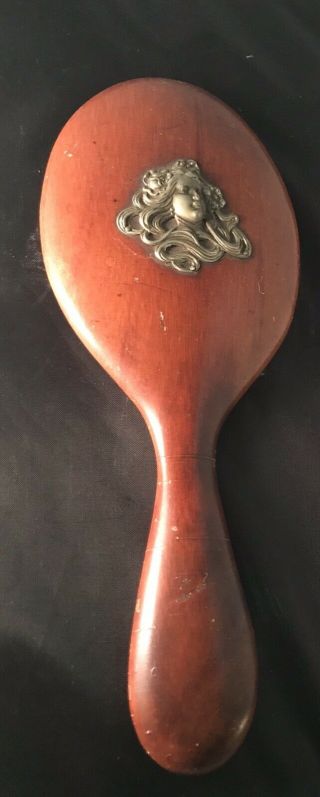 Victorian Vintage Antique Wooden Hand Mirror With Brass Color Woman’s Face 3