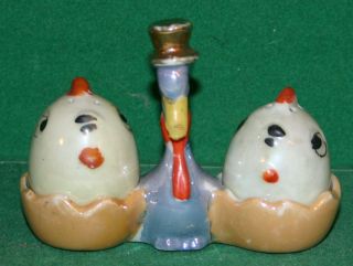 Vintage Salt & Pepper Shaker Set - Egg Shaped Chicks W Goose In Shell Holder