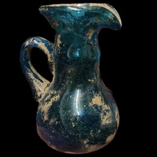 Rare Ancient Roman Turquoise Glass Vessel With Intact Handle 1st Century A.  D.
