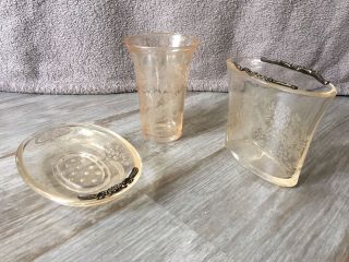 Vintage Peach Etched Glass Soap Dish Drinking Glass And Small Vase Bathroom