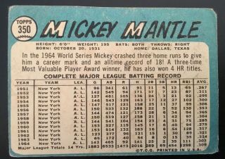 MICKEY MANTLE 1965 TOPPS 350 VINTAGE BASEBALL CARD 2