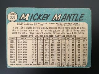 MICKEY MANTLE 1965 TOPPS 350 VINTAGE BASEBALL CARD 3
