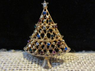Vintage Eisenberg Ice Christmas Tree Brooch,  Gold Tone,  Multi Colored Crystals