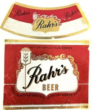 Vintage Rahr’s Foil Beer Bottle Label Green Bay Wisconsin & Neckband