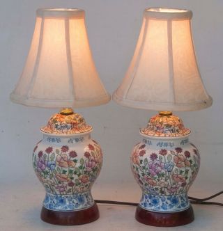 Vintage Pair Chinese Hand Painted Ginger Jar Ceramic Lamps 15 " Tall