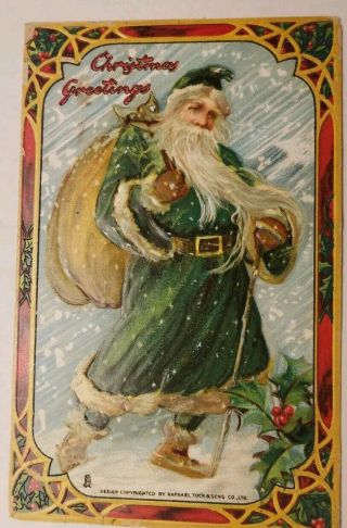 Vintage 1908 Tucks Postcard Santa Green Robe With Pack & Walking Stick