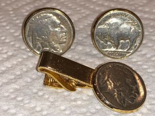 Vintage Buffalo Nickel Real Us Coin Cufflinks & Tie Clip Clasp Bar