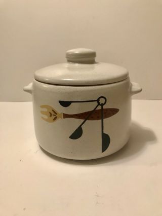 Vintage West Bend Ceramic Crock Pot Buffet Patio Server Measuring Spoons & Fork