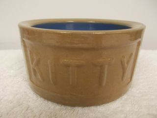 Vintage Brown & Blue Stoneware Pottery Kitty Cat Food Water Bowl Dish