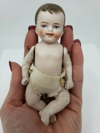 Antique 4 1/2 " Germany Dollhouse All Bisque Baby Doll In Diaper - Marked Germany