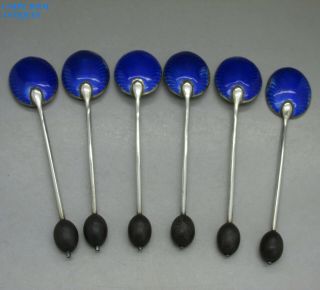 Art Deco Set 6 Solid Silver & Blue Guilloche Enameled Coffee Spoons Birm 1928