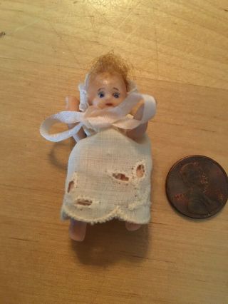 Antique Vintage Miniature Bisque Baby Doll Jointed Arm Porcelain Ceramic Tiny 2 "