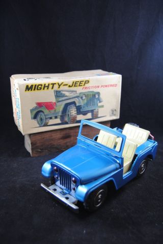 Vintage Rare Tin Toy Mighty - Jeep Blue Sss Friction Powered S - 1363