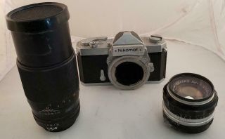 Nikon Nikomat Slr Film Camera 2 Lenses Nikkor - S 1:1.  4 50mm 200mm Vintage